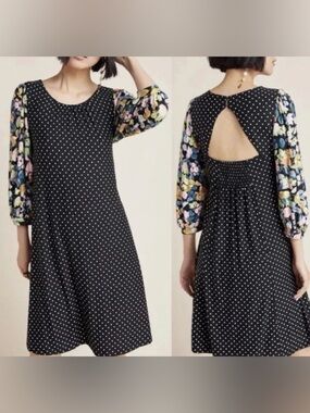 Anthropologie  Maeve Sawyer Floral Sleeves Polka Dot Dress Size Large Boho Cute
